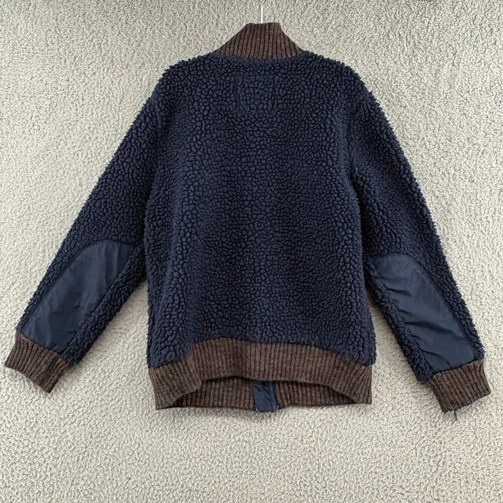 Zara Boys Sherpa Bomber Jacket size 8 navy blue brown trim